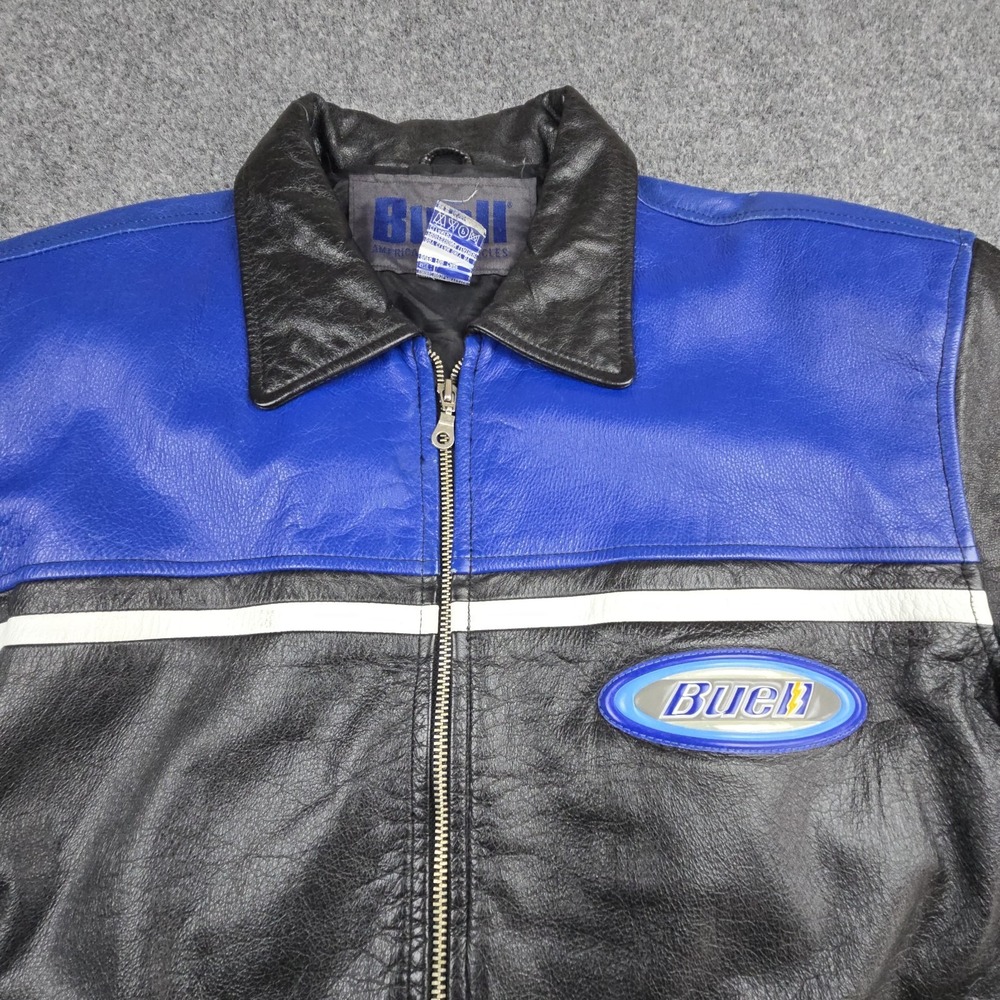 Vintage Buell American Motorcycles Leather Jacket Mens Large Black Blue Racing - Picture 7 of 14